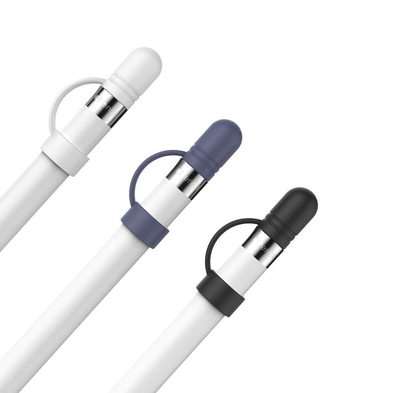 AhaStyle 3 Pack Cap Replacement Holder with Anti-Lost Strap Silicone Protective Cap Cover for Apple Pencil 1st Generation(White, Black, Midnight Blue) - Image 1